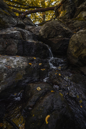 Amazing waterfall hidden deep in mountains, Czech Republic. Calm and peaceful place with water flowing in cascade river. Truly mystical place.の写真素材