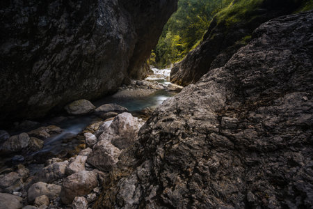 The incredible wild nature and beauty of pure and cold river SoÄa in Triglav National Park, Slovenia.の写真素材
