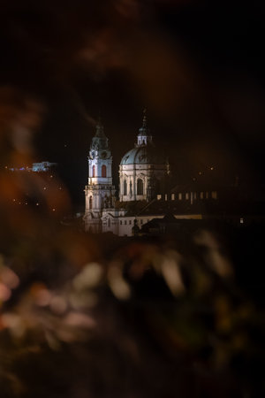 Dreamy night view of old cathedral in amazing historic city Prague, Czech Republic, Europe.の写真素材