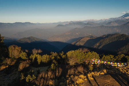 Panoramic sunrise view from Poon Hill in Nepal early morning from lookout towerの写真素材