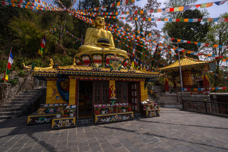 Buddhist shrine with a golden statue of a seated Buddha and couple of prayer flags around in...