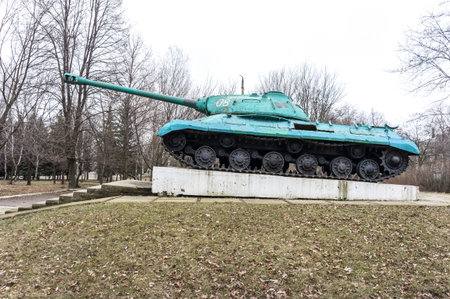 KONSTANTINOVKA, UKRAINE - MARCH 3, 2017: The monument-tank IS-3M on the pedestal in Konstantinovka