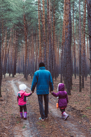 Father and two children walking along the road in a pine forest.の写真素材