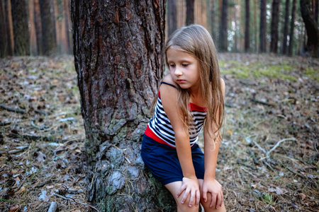 Little beautiful girl sitting on a stump in a pine forest in the summer timeの写真素材