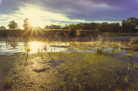 Beautiful morning landscape on a river with mist over the waterの写真素材