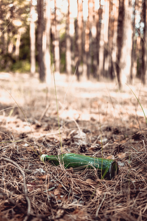 A green glass bottle lies in a pine forest. Environmental pollution. Garbage in nature.の写真素材
