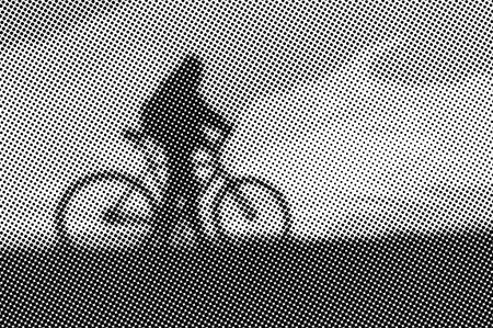Man with bicycle at sunset - monochrome halftone pattern background