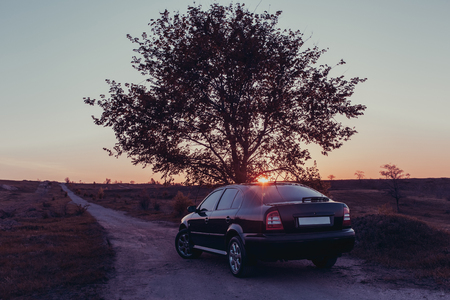 Black car on the road at sunset.の写真素材