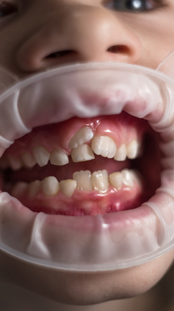 Adult permanent teeth coming in front of the child's baby teeth: shark teeth. Little girl's open mouth.の写真素材