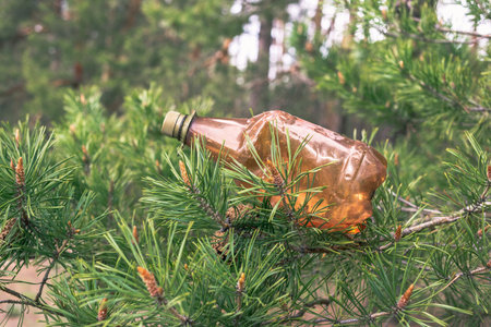 Brown plastic bottle on a tree in a pine forest. Environmental Pollution Conceptの写真素材