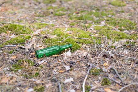 Green glass bottle on the ground in a pine forest. Environmental Pollution Conceptの写真素材