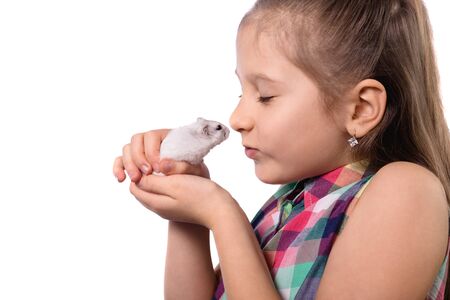 Cute little girl with white hamster isolated on white backgroundの写真素材