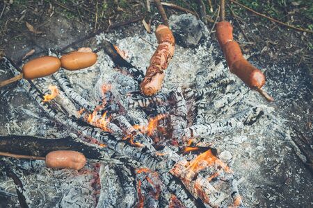 Cooking fried sausages on a fire in the forest. Toned, style photo.の写真素材