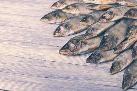 Dried perch on a white wooden background. Studio photo.の写真素材