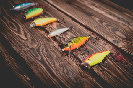 Studio photo of a group of wobblers on a wooden background. Photo with vignettingの写真素材