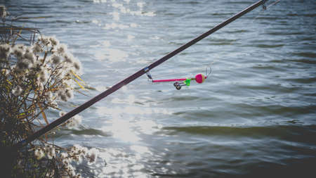 Fishing rod with a bell on the lake in autumn against the background of sun glare on the water. Toned photo with the vignetting.の写真素材
