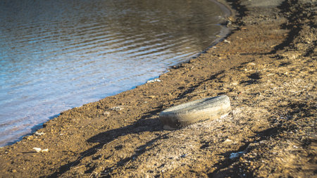 Old dirty car tire on the shore of a reservoir. Environmental pollution concept.
