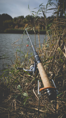 Autumn landscape with a fishing rod in the foreground. Stylized photo with vignetting.
