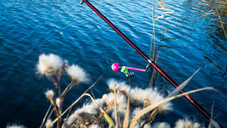 Fishing rod with a bell on the lake in the autumn. Toned photo with the vignetting.の写真素材