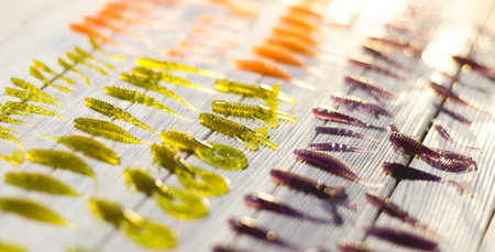 Nice view of fishing silicone baits on a wooden background. Studio photoの写真素材