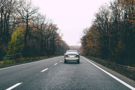 Autumn road landscape. View from the carの写真素材
