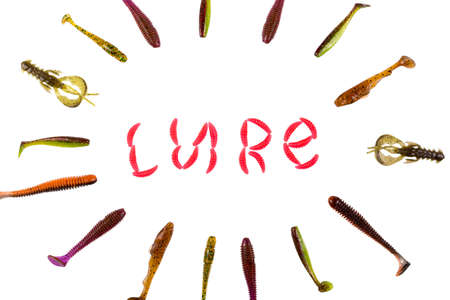 Lure text made from red silicone maggot bait. Lots of silicone baits around the lettering. Studio photo with isolated objects on a white background.の写真素材