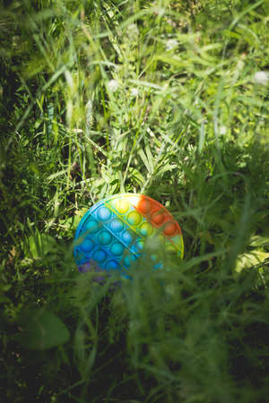 A multicolored anti-stress toy pop it lies in the green grass during the dayの写真素材