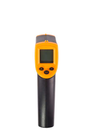 Yellow-black pyrometer isolated on white background. A device for non-contact temperature measurement. Studio photo.の写真素材