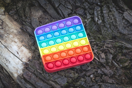 The square antistress toy lies on the street on an old dry tree stump.の写真素材