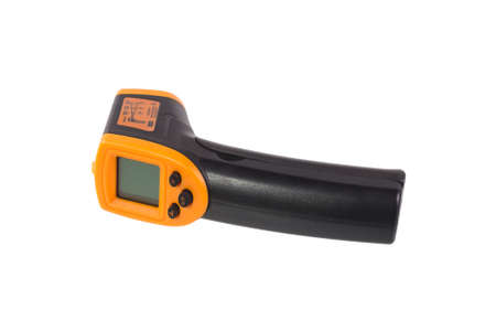 Yellow-black pyrometer isolated on white background. A device for non-contact temperature measurement. Studio photo.の写真素材