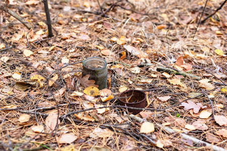 Old rusty tin can and glass jar on the ground in a pine forest. The concept of environmental pollutionの写真素材