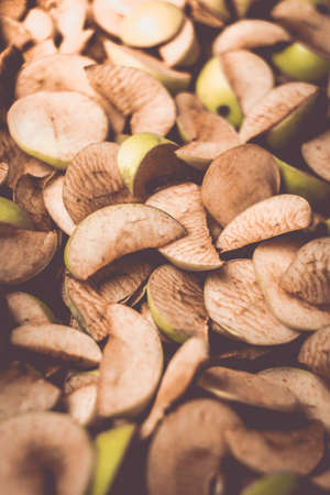 The process of home cooking dried fruits in an electric dryer. The stage of dehydration of fruits for storage and consumption in the winter. Lots of dehydrated apples.の写真素材