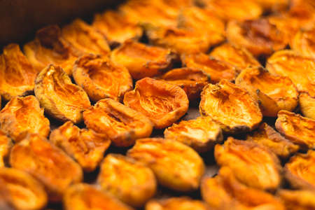 The process of home cooking dried fruits in an electric dryer. The stage of dehydration of fruits for storage and consumption in the winter. Lots of dehydrated apricots.の写真素材