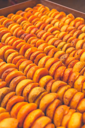 The process of home cooking dried fruits in an electric dryer. The stage of dehydration of fruits for storage and consumption in the winter. Lots of dehydrated apricots.の写真素材