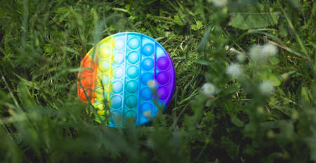 A multicolored anti-stress toy pop it lies in the green grass during the dayの写真素材