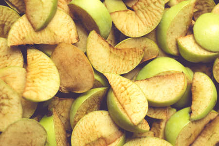 The process of home cooking dried fruits in an electric dryer. The stage of dehydration of fruits for storage and consumption in the winter. Lots of dehydrated apples.の写真素材