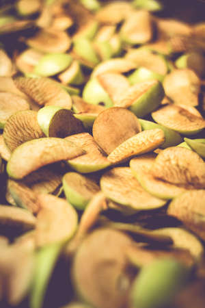 The process of home cooking dried fruits in an electric dryer. The stage of dehydration of fruits for storage and consumption in the winter. Lots of dehydrated apples.の写真素材