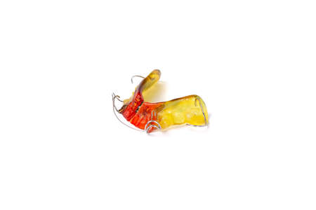Colorful children's orthodontic appliance isolated on white background. Concept of oral health in childhood. studio photo.の写真素材