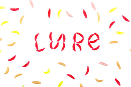 Lure text made from red silicone maggot bait. Lots of silicone baits around the lettering. Studio photo with isolated objects on a white background.の写真素材