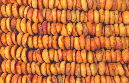 The process of home cooking dried fruits in an electric dryer. The stage of dehydration of fruits for storage and consumption in the winter. Lots of dehydrated apricots.の写真素材