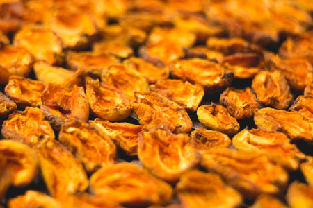 The process of home cooking dried fruits in an electric dryer. The stage of dehydration of fruits for storage and consumption in the winter. Lots of dehydrated apricots.の写真素材