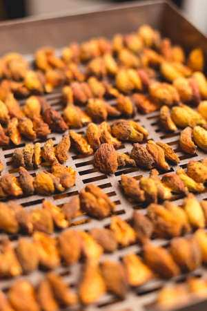 The process of home cooking dried fruits in an electric dryer. The stage of dehydration of fruits for storage and consumption in the winter. Lots of dehydrated apricots.の写真素材