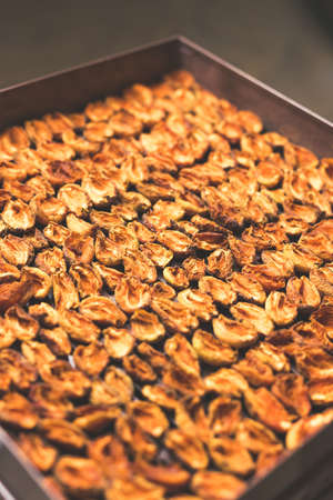 The process of home cooking dried fruits in an electric dryer. The stage of dehydration of fruits for storage and consumption in the winter. Lots of dehydrated apricots.の写真素材
