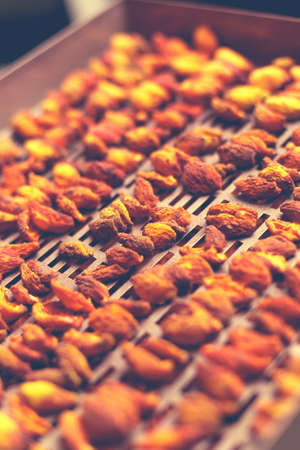The process of home cooking dried fruits in an electric dryer. The stage of dehydration of fruits for storage and consumption in the winter. Lots of dehydrated apricots.の写真素材