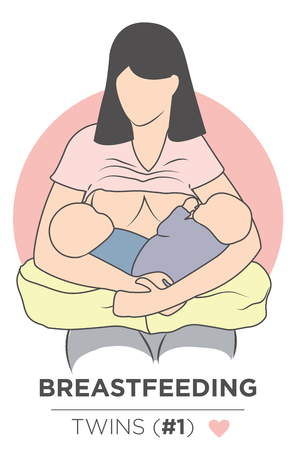 A Beautiful Mother Breastfeeding Her 2 Gorgeous Twins: Front Cross Poses.  Great for Infographics & Hospital Information Pamphlets!のイラスト素材