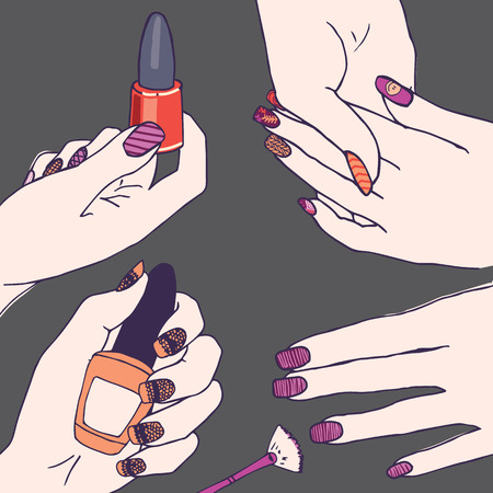 Nail Polish Art Concepts, Including Lace, Ink, and French Tips.のイラスト素材