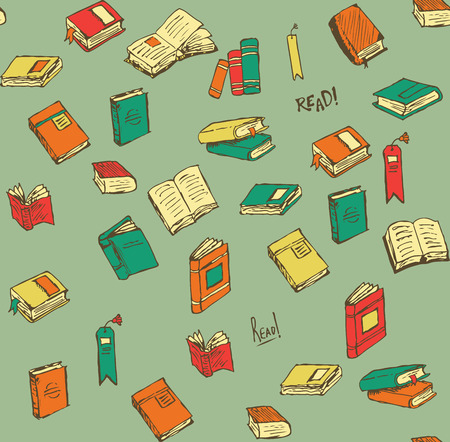 Hand-drawn Book and Accessories Icons and Seamless Pattern. There is a Plethora of Books in Varied States of Reading Completion.  Many Bookmarks & Books Floating in Space Like the Thoughts of Readers.のイラスト素材