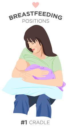 #1 Cradle - 1 of 9: Mother Holding Her Sweet Newborn Baby While Feeding it with her Nourishing Nipple in Cradle Positionのイラスト素材