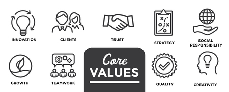 Core Values - Mission, integrity value icon set with vision, honesty, passion, and collaboration as the goal / focus