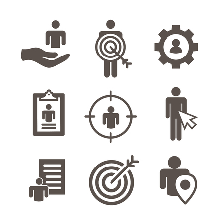 Target market icons of buyer image and persona  w gear, arrow, nurturing leads のイラスト素材